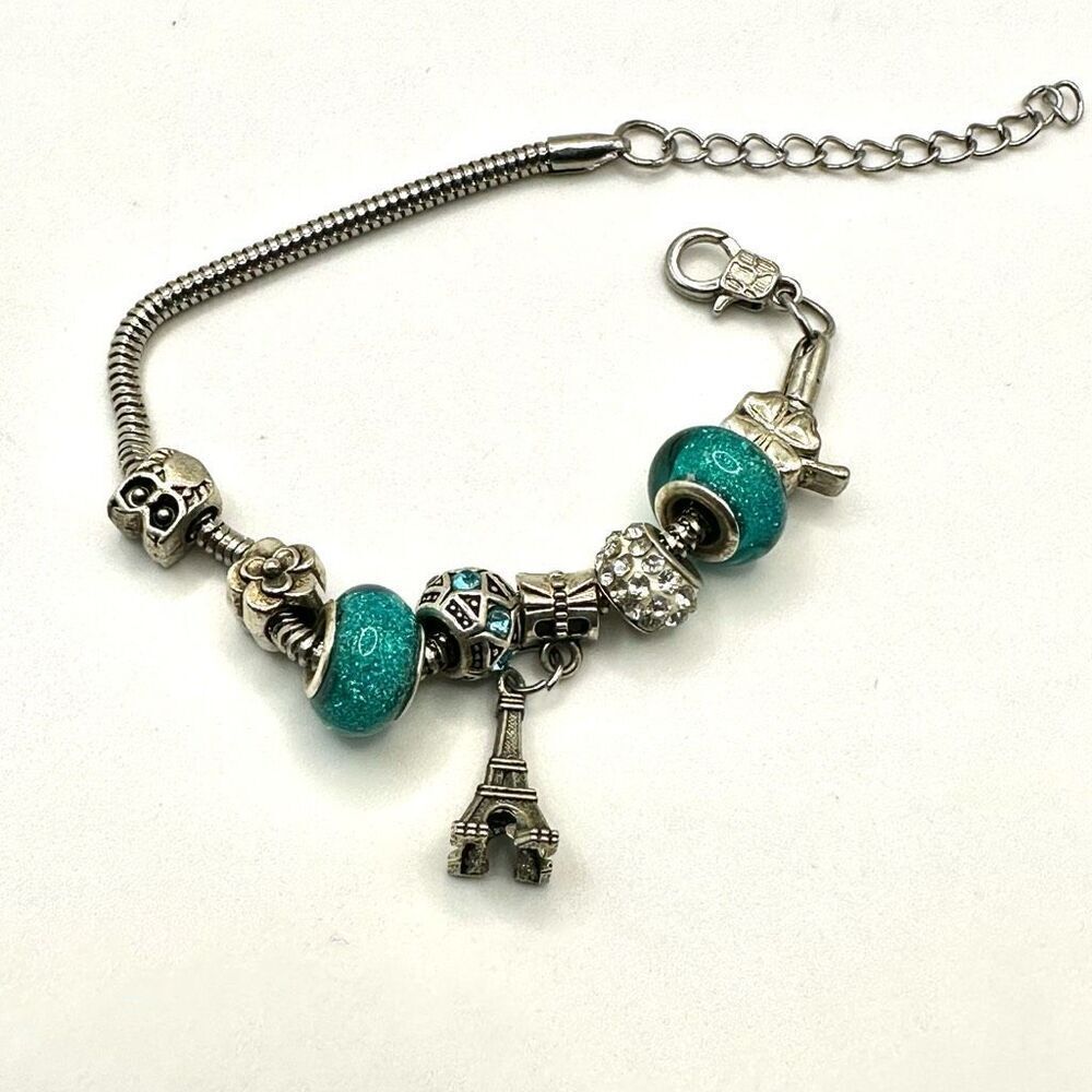 Green beaded rhinestone Eiffel Tower shamrock owl charm bracelet
